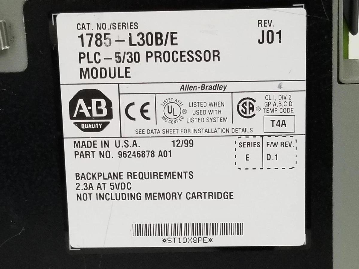 Used ALLEN BRADLEY 1785-L30B/E PLC-5/30 PROCESSOR REV. J01, F/W REV: D.1
