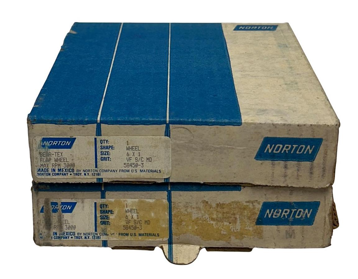 Used 2 NORTON 58450-3 / 584503 BEAR-TEX FLAP WHEELS 3000RPM 6''x1'' VF S/C MD NSMP