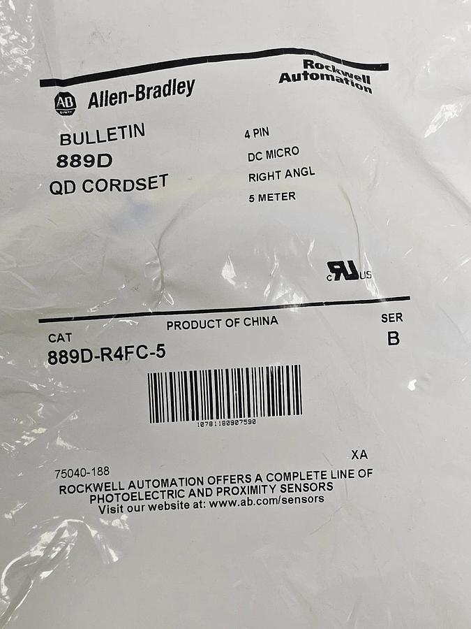 Used NEW ALLEN BRADLEY 889D-R4FC-5 QD CORDSET 889DR4FC5 4-PIN 5M LENGTH SER. B