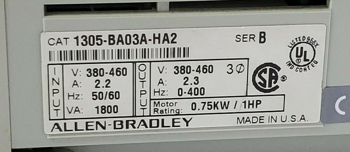 Used ALLEN BRADLEY 1305-BA03A-HA2 AC DRIVE SER. B 3 PH 1HP 0.75KW W/ 1201-HA2