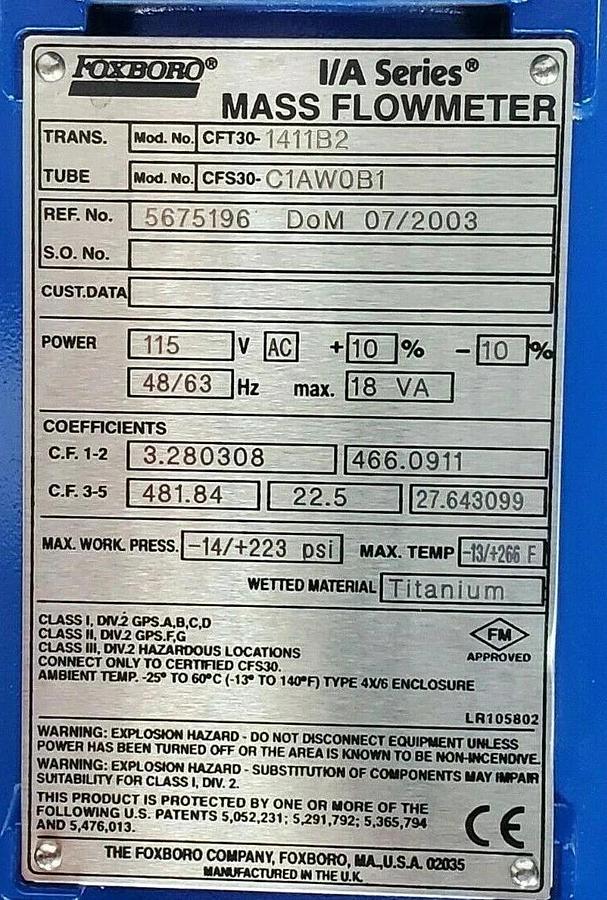 Used INVENSYS FOXBORO CFT30-1411B2 MASS FLOWMETER CFS30-C1AW0B1, 115V AC