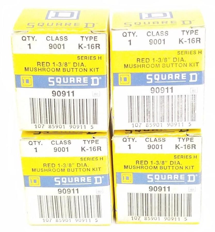 Used LOT OF 4 NIB SQUARE D 9001K16R RED 1-3/8 DIA. MUSHROOM BUTTON KITS 9001-K-16R