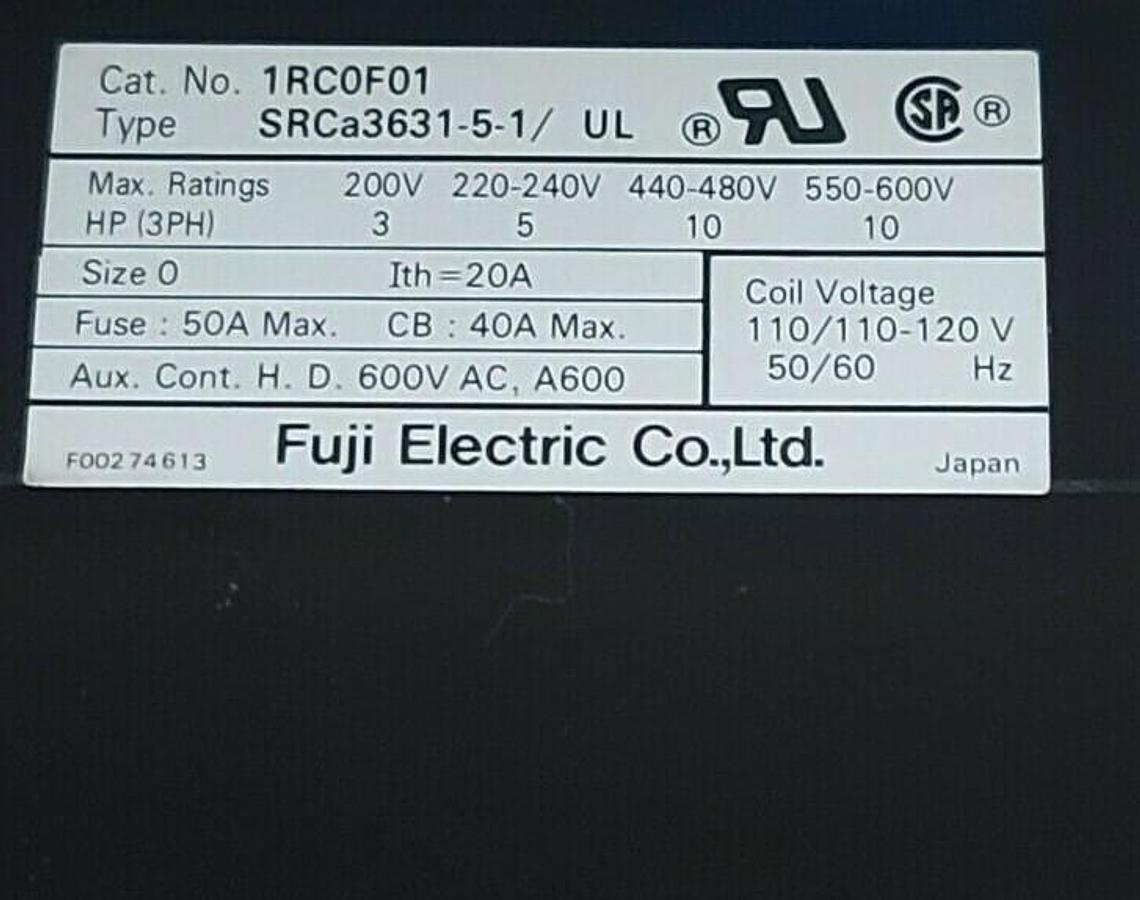 Used NEW FUJI ELECTRIC 1RC0F01 CONTACTOR 20AMP 600V COIL 120VAC SRCa3631-5-1/UL