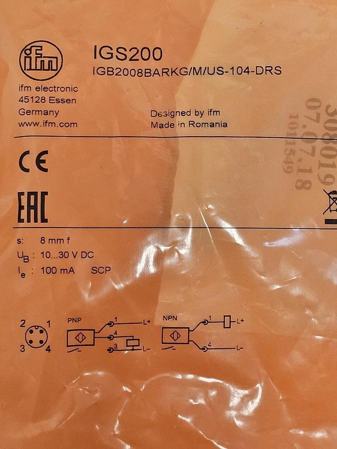 Used NEW IFM IGB2008BARKG/M/US-104-DRS PROXIMITY SENSOR IGS200