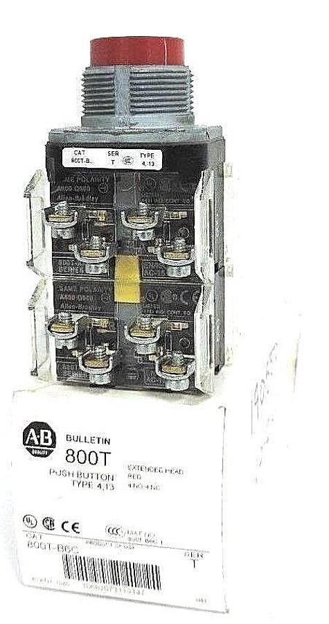 Used NIB ALLEN BRADLEY 800T-B6C PUSH BUTTON RED EXTENDED HEAD SER. T , 4NO - 4NC