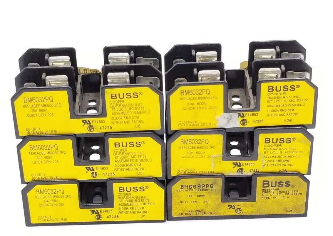 Used LOT OF 6 BUSS BM6032PQ FUSEHOLDERS, 30A, 250V, 2P