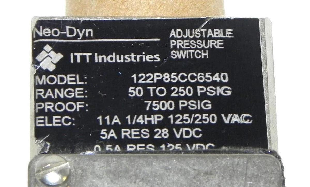 Used NEO-DYN 122P85CC6540 ADJUSTABLE PRESSURE SWITCH W/ HYETT 42MW PRESSURE DIAPHRAM