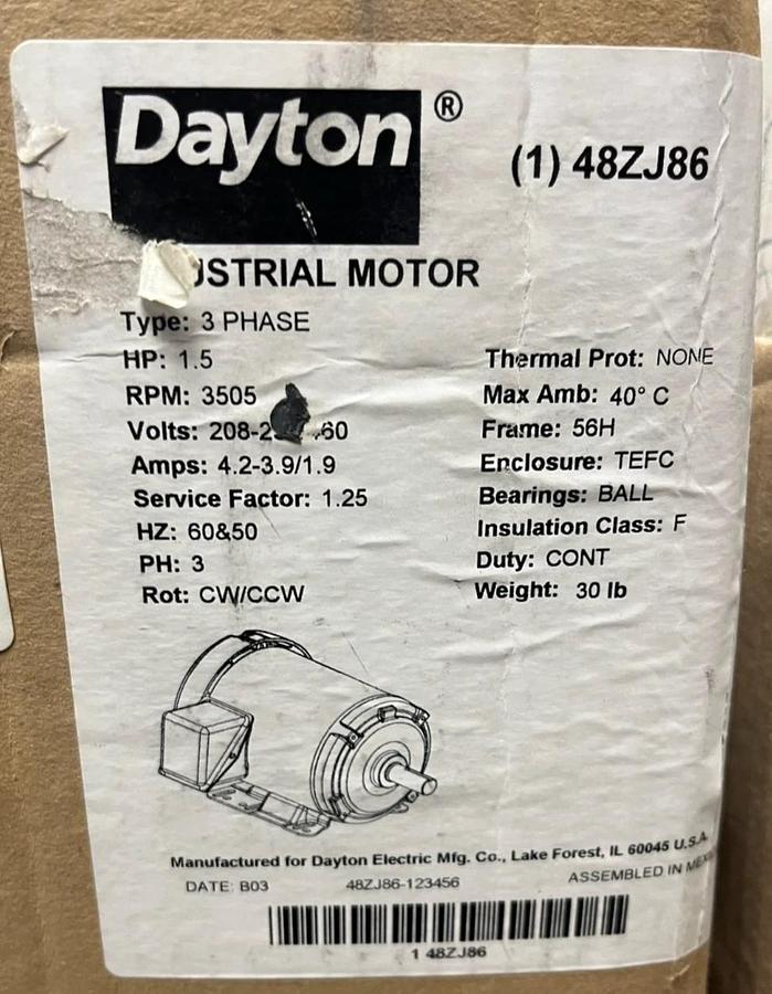 Dayton 48ZJ86 1.5 HP General Purpose Motor 3-Phase 3465 RPM | TEFC | 56H Frame
