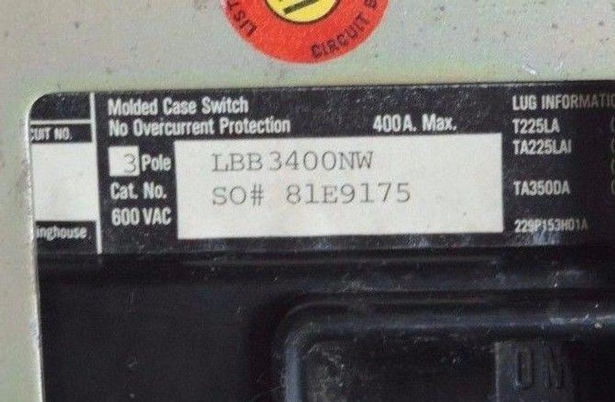 Used WESTINGHOUSE LBB3400NW CIRCUIT BREAKER W/ 2605D15G19 SHUNT TRIP ASSEMBLY