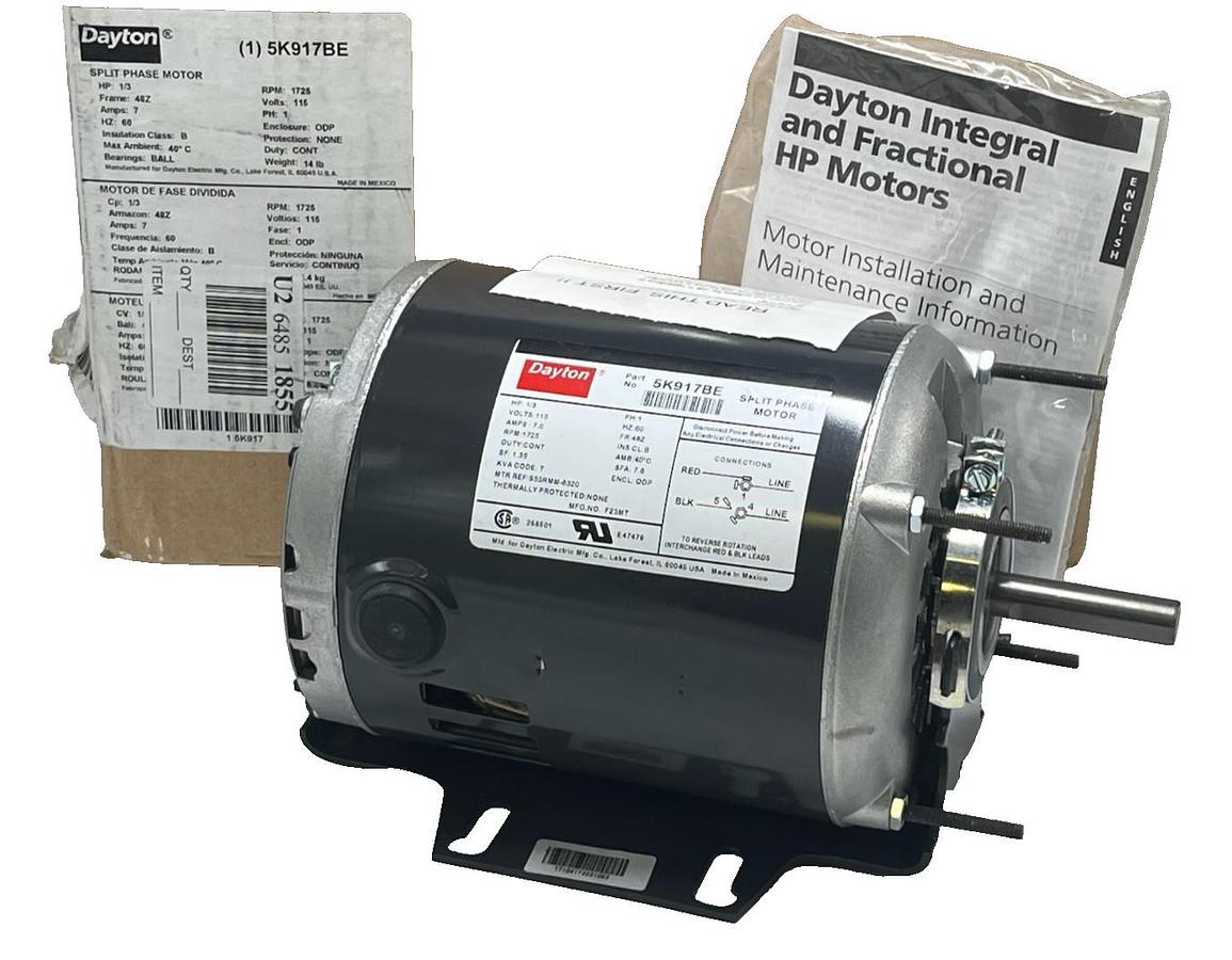 Dayton 5K917BE Split Phase Motor 1/3 HP 1725 RPM 115V 48Z Frame ODP
