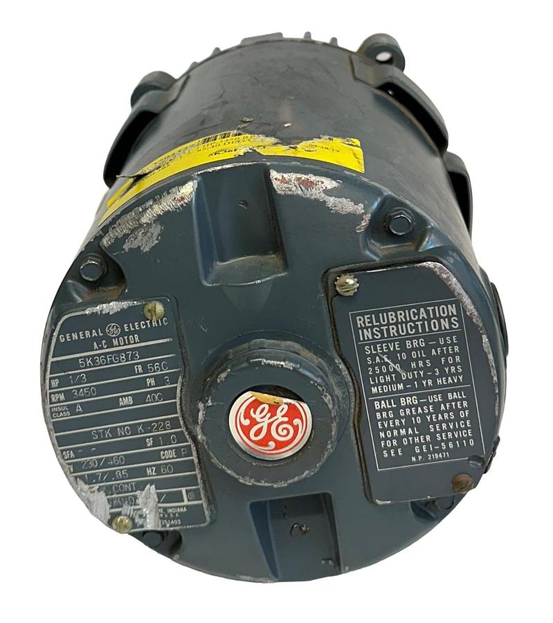 Used GENERAL ELECTRIC 5K36FG873 AC MOTOR 1/3HP 3450RPM 3PH 230/460V 60Hz USNP