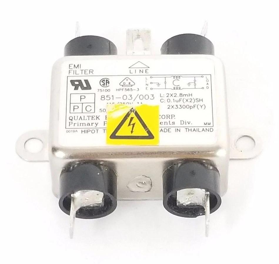 Used QUALTEK 851-03/003 EMI FILTER, 110V, 115/120VAC, 3A, 50/60HZ