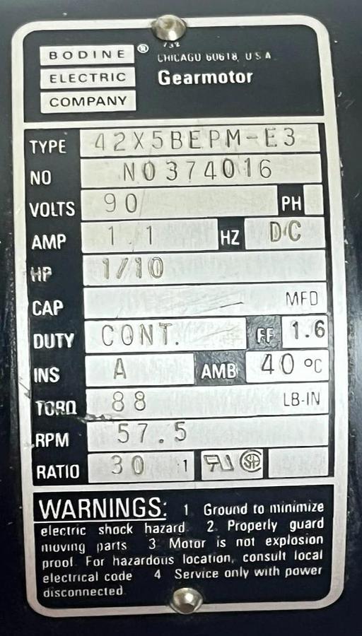 Used Bodine Electric 42X5BEPM-E3 90V DC Gearmotor 1/10 HP 57.5 RPM 88 LB-IN 30:1 CONT