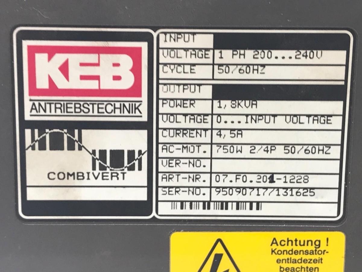 Used KEB 07.F0.201-1228 COMBIVERT DRIVE 1PH, 200-240V, 50/60HZ 1,8KVA 4,5A