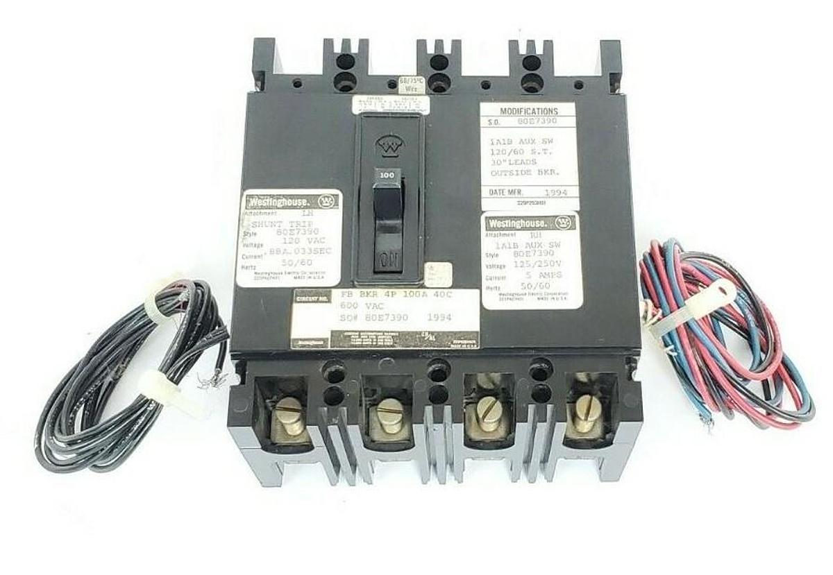 Used WESTINGHOUSE 80E7390 CIRCUIT BREAKER ASSY FB BKR 4P 100A 40C 600VAC 1A1B