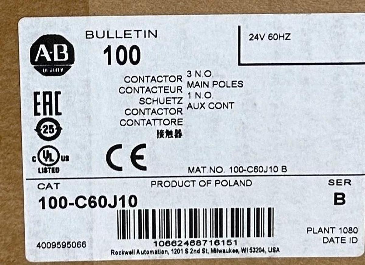 Used NEW SEALED ALLEN BRADLEY 100-C60J10 /B CONTACTOR 60A 24V 60Hz 3 N.O. 100C60J10
