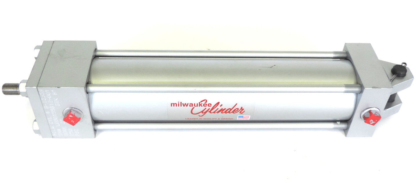 Used NEW MILWAUKEE PNUEMATIC CYLINDER B-12959, 2" BORE 8" STROKE 250PSI, SWIVEL MOUNT