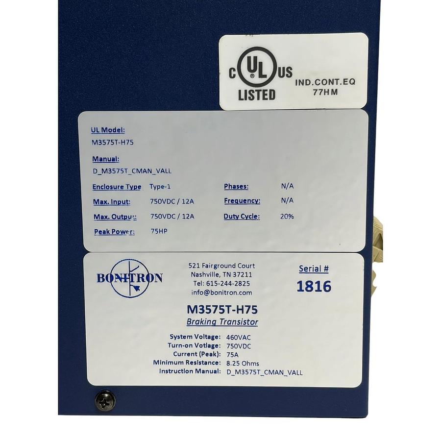 Used Bonitron M3575T-H75 Braking Transistor Module 460VAC 75HP 750VDC 75A New Surplus
