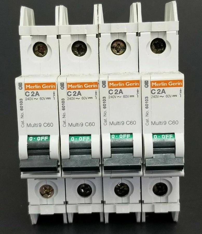 Used LOT OF 4 MERLIN GERIN CAT. NO. 60103 MULTI9 C60 CIRCUIT BREAKERS C2A 240V/60V