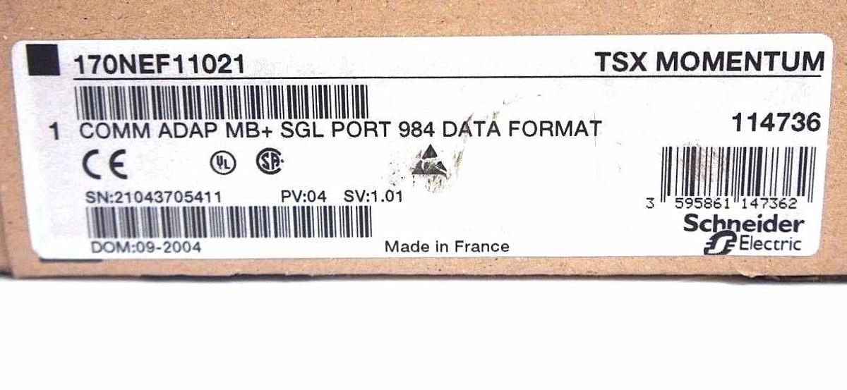 Used NIB SCHNEIDER MODICON 170NEF11021 COMM ADAP MB+ SGL PORT PV: 04, SV: 1.01
