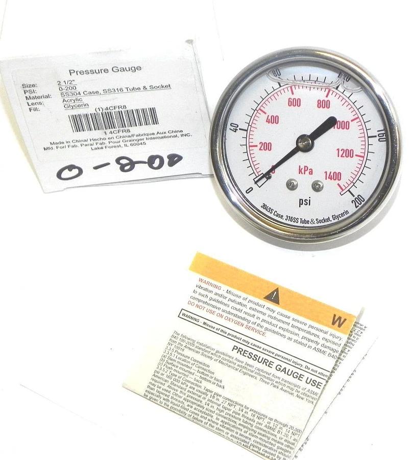Used NIB GRAINGER 4CFR8 PRESSURE GAUGE 2 1/2'' PSI: 0-200, SS304 CASE, SS316 TUBE