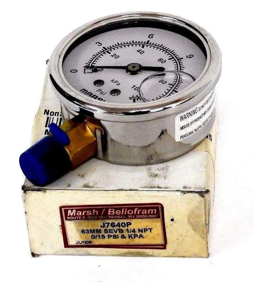 Used NIB MARSH / BELLOFRAM J7640P 63MM SEVB 1/4" NPT PRESSURE GAUGE