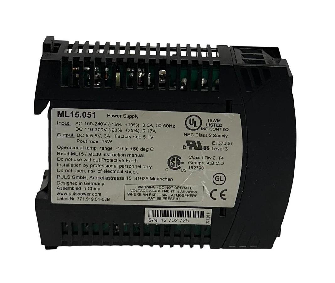 Used PULS ML15.051 / ML15051 POWER SUPPLY 100-240VAC/110-300VDC IN 5-5.5VDC OUT USNP