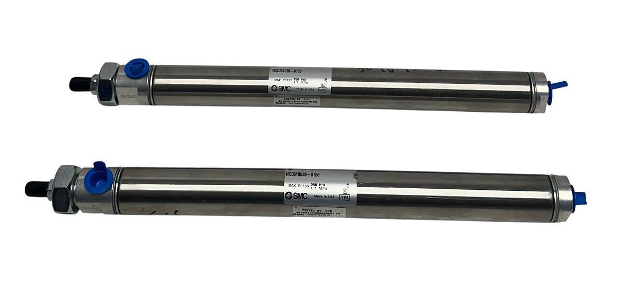 Used 2 SMC NCDMB088-0756 / NCDMB0880756 PNEUMATIC CYLINDERS 7/8'' BORE 250PSI NSNP