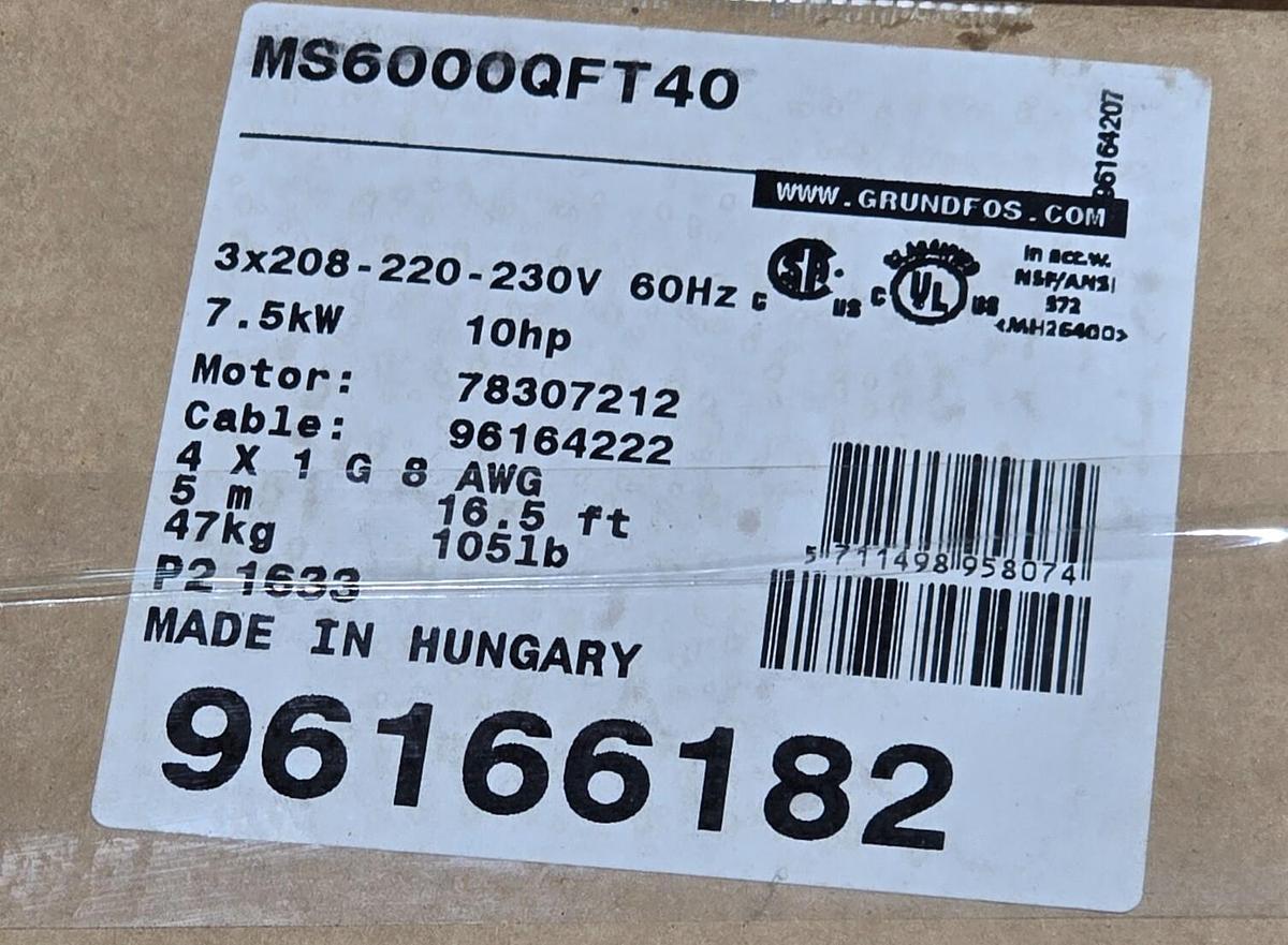 Used GRUNDFOS MS6000QFT40 - 96166182 MS6000 SUBMERSIBLE PUMP MOTOR 10HP 6" 230V NSMP