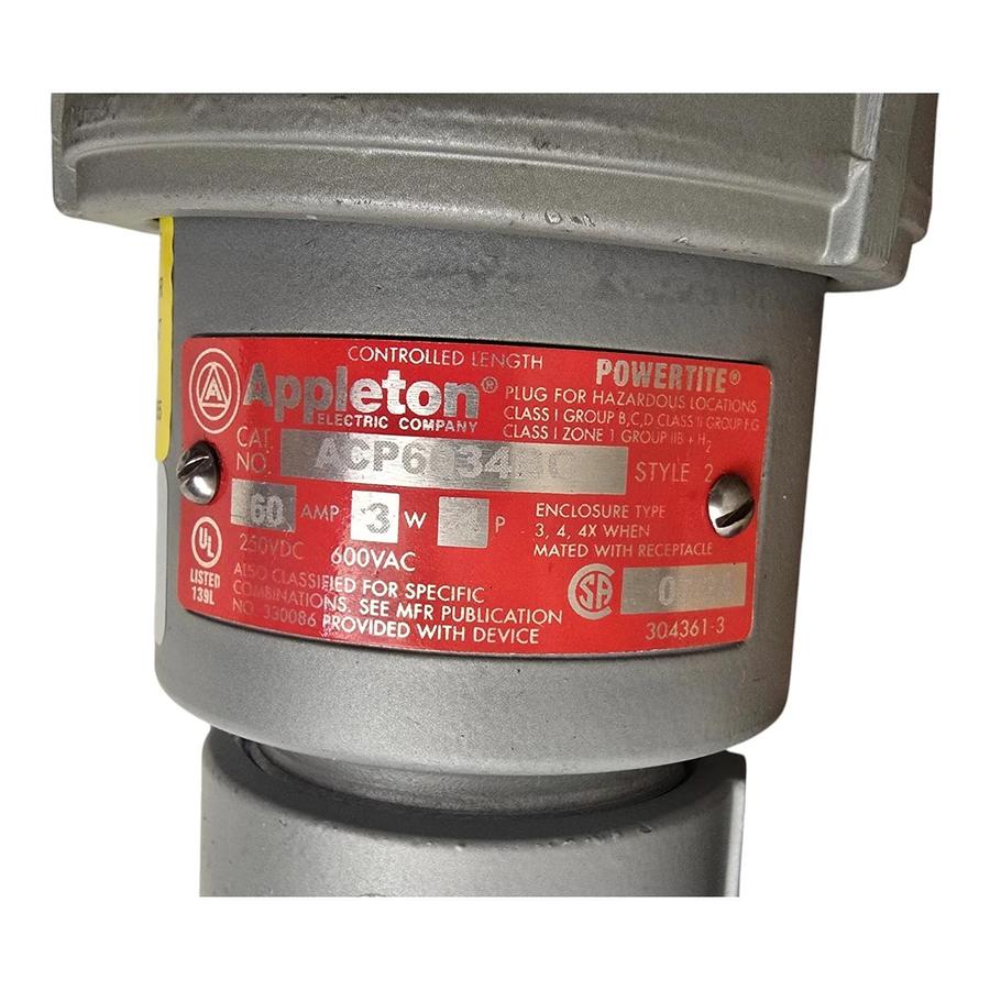 Appleton ACP6034BC Powertite 60 Amp 600V 3-Wire 4-P Metallic Clamping Ring Plug 781381440226
