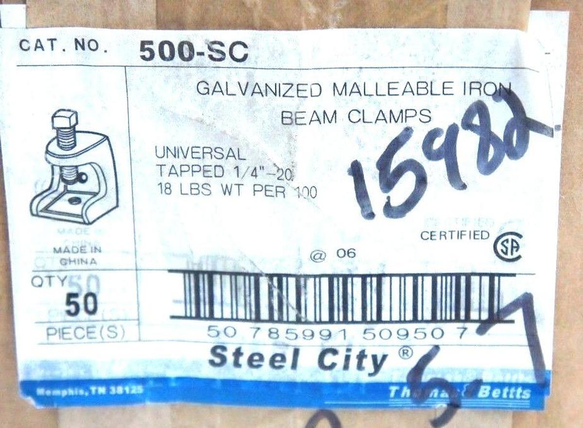 Used BOX OF 50 NEW STEEL CITY 500-SC GALVANIZED MALLEABLE IRON BEAM CLAMPS 1/4"
