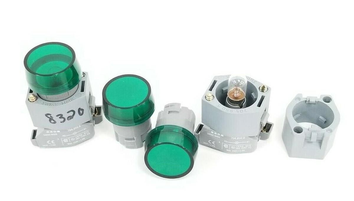 Used LOT OF EAO 704.950.0 LAMP SOCKETS W/ 704.950.5 MOUNTING FLANGES GREEN LENSES