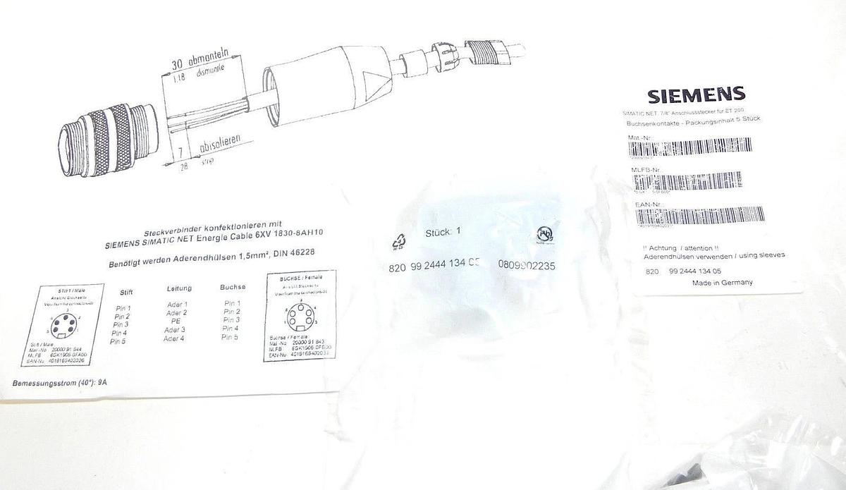 Used NEW SIEMENS 820 99 2444 134 05 CONNECTOR ET200 FEMALE 7/8" 6GK1-905-0FB00 5/PK