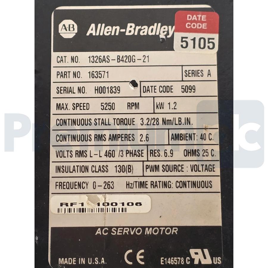 Refurbished Allen-Bradley 1326AS-B420G-21 /A Servo Motor 460V 5250RPM 1.2kW 163571 Repaired