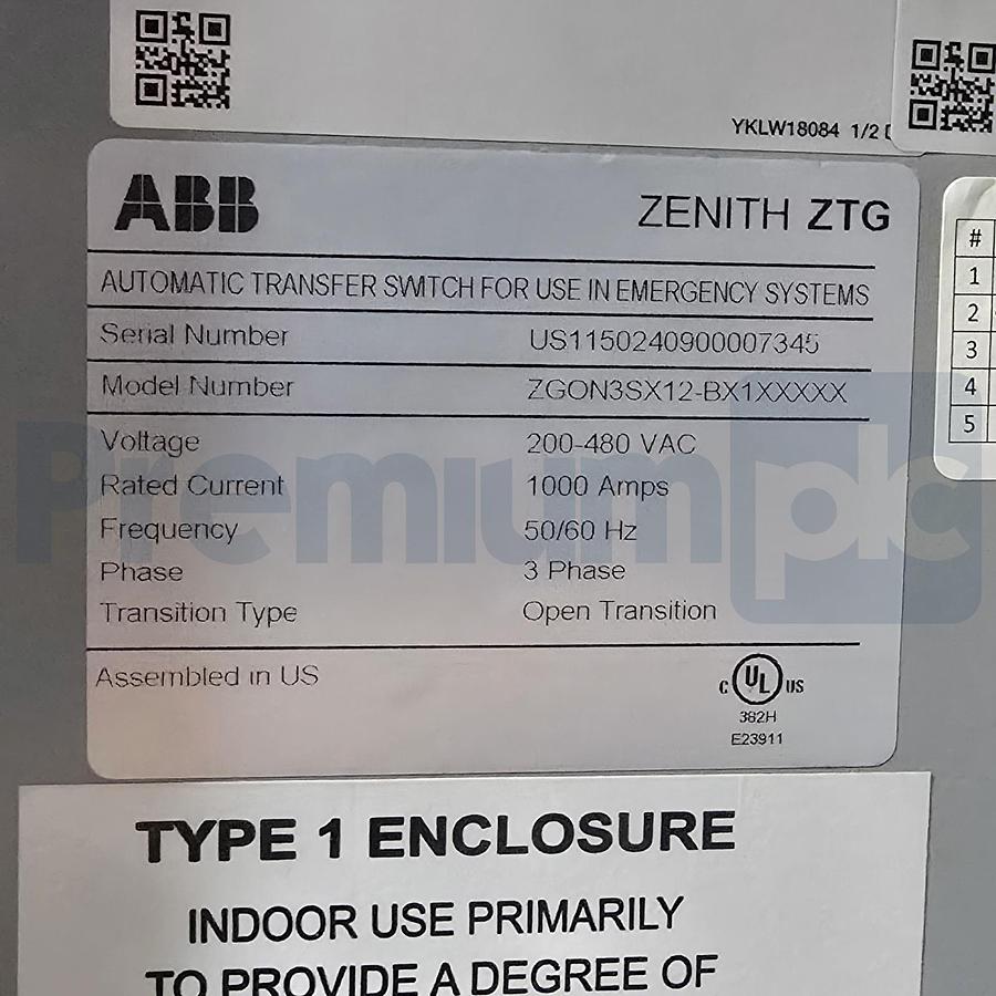 Used ABB Zenith ZTG ZGON3SX12-BX1XXXXX Transfer Switch 480V 1000A OXA1200U3S3QB-ZE