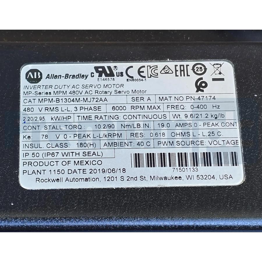 Open Pre-Owned Allen Bradley MPM-B1304M-MJ72AA /A MPM Servo Motor 480V w/o Brake