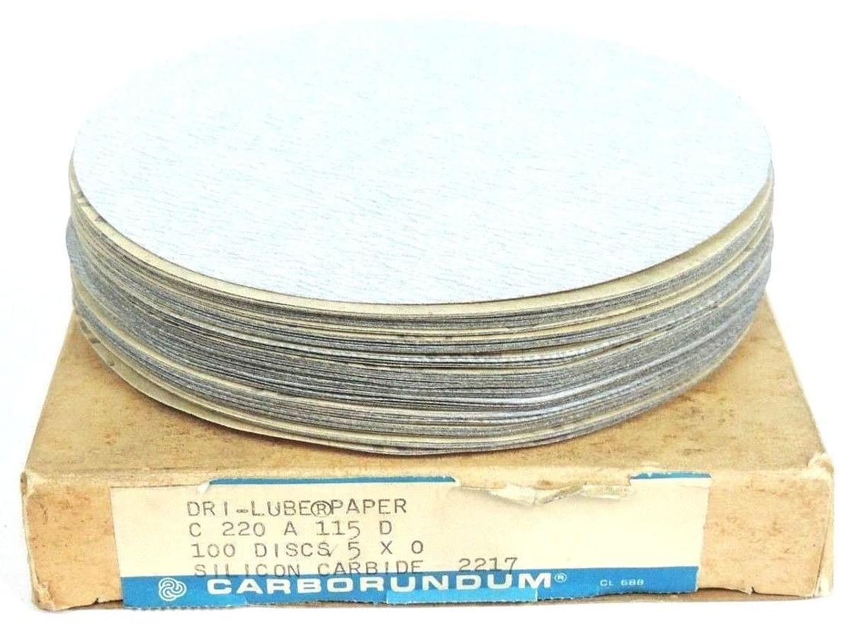 Used NIB CARBORUNDUM 2217 DRI-LUBE PAPER DISCS 5'' C220 A115D QTY: 100