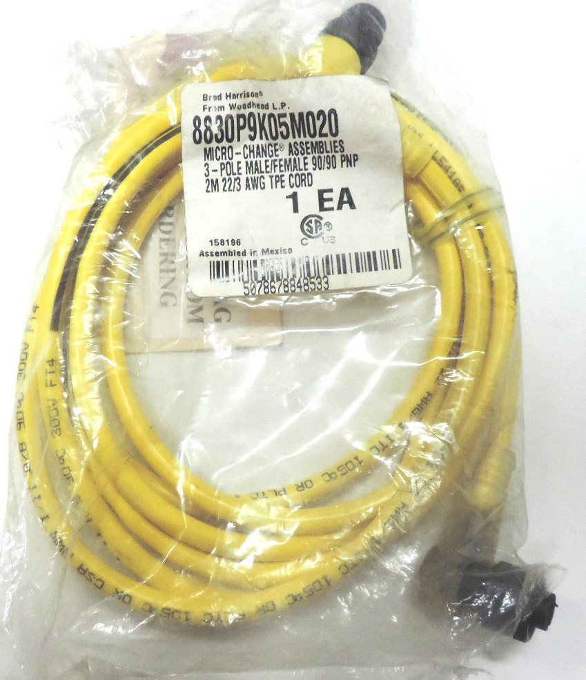 NEW WOODHEAD 8830P9K05M020 CORDSET CONNECTOR 3POLE MALE/FEMALE 90/90 PNP 2M