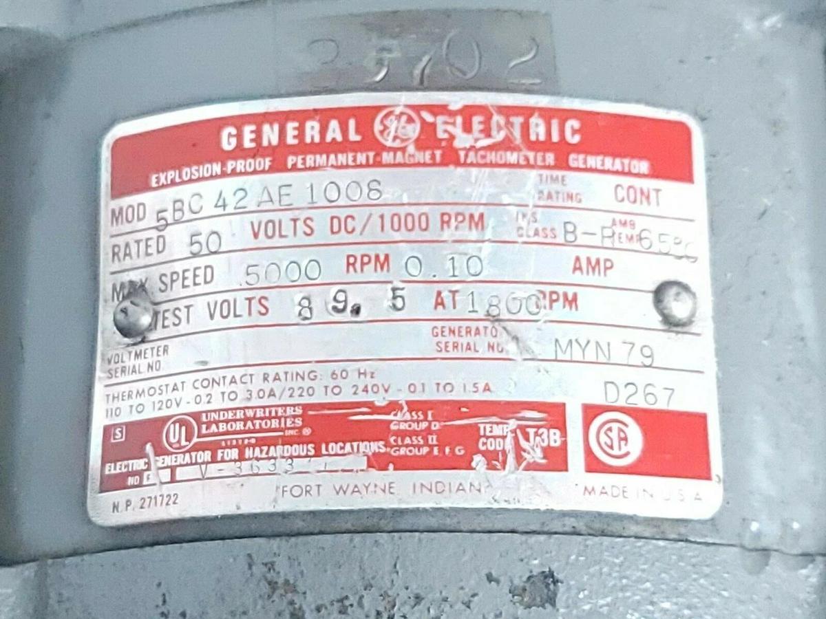 Used GENRAL ELECTRIC 5BC42AE1008 TACHOMETER GENERATOR 50VDC 5000RPM .10AMP