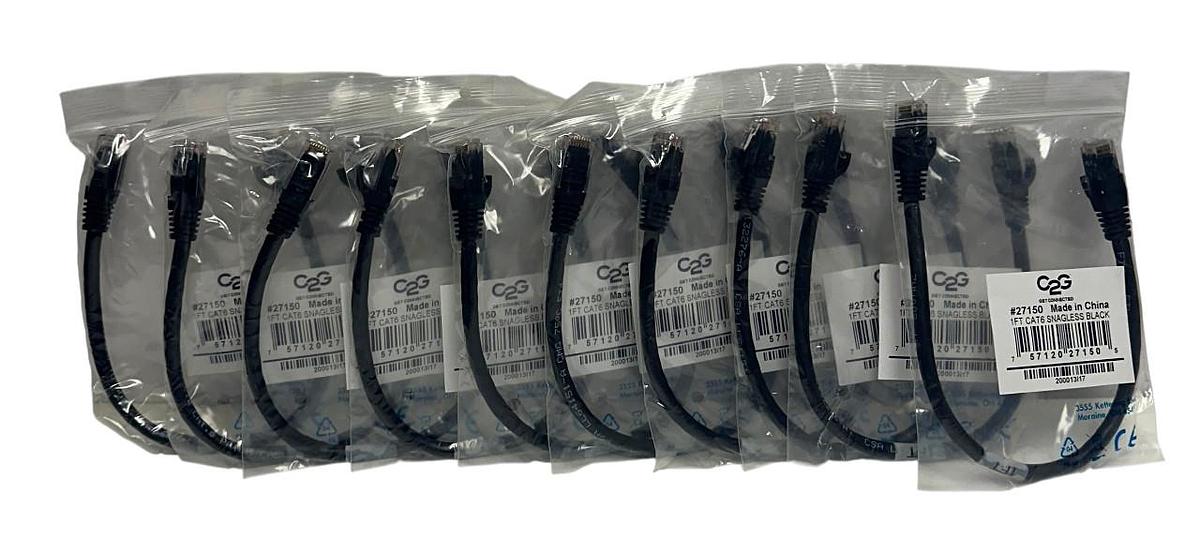 10 C2G CABLES 2 GO 27150 CAT6 SNAGLESS BLACK 1FT EtherNet PATCH CABLES NSFS