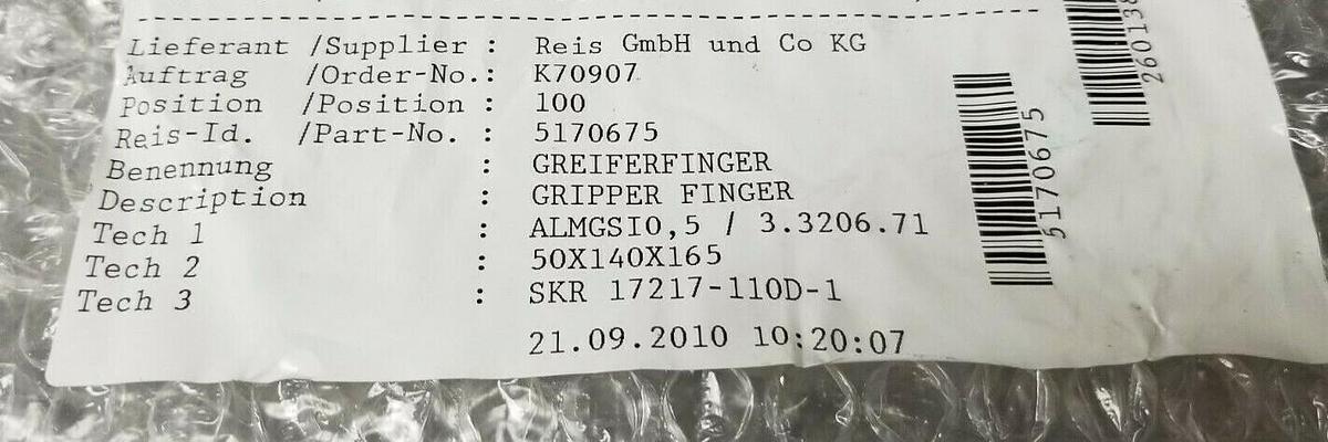Used NEW REIS GmbH & CO. 5170675 GRIPPER FINGER ALMGSI0,5 / 3.3206.71 50X140X165