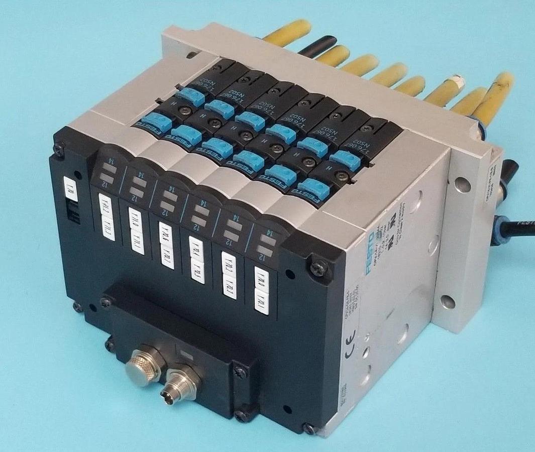 Used FESTO ELECTRIC CPV14-VI-F6-1/8-B BASE W/ (6) 176-067 SOLENOID VALVES N502 18210