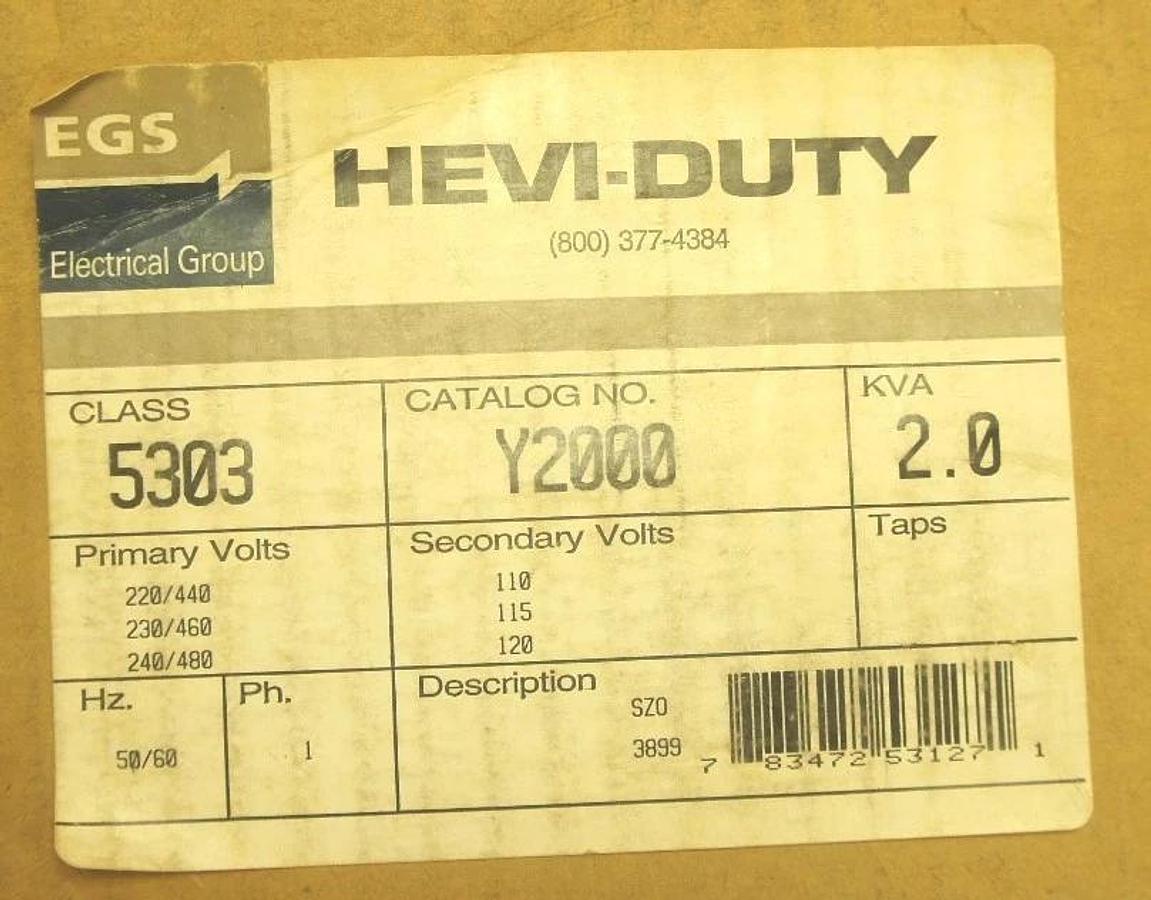 NEW HEVI-DUTY Y2000 INDUSTRIAL TRANSFORMER, TYPE SZ0, INSUL. CLASS 105, KVA 2.0