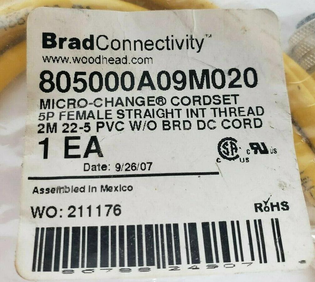 Used NEW BRAD HARRISON 805000A09M020 MICRO-CHANGE CORDSET 5P FEMALE 2M