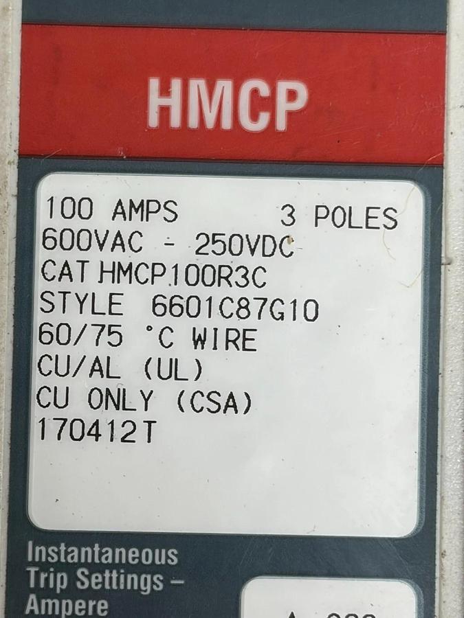 Used Eaton HMCP100R3C Motor Circuit Protector 100A 3 Pole Breaker 6601C87G10