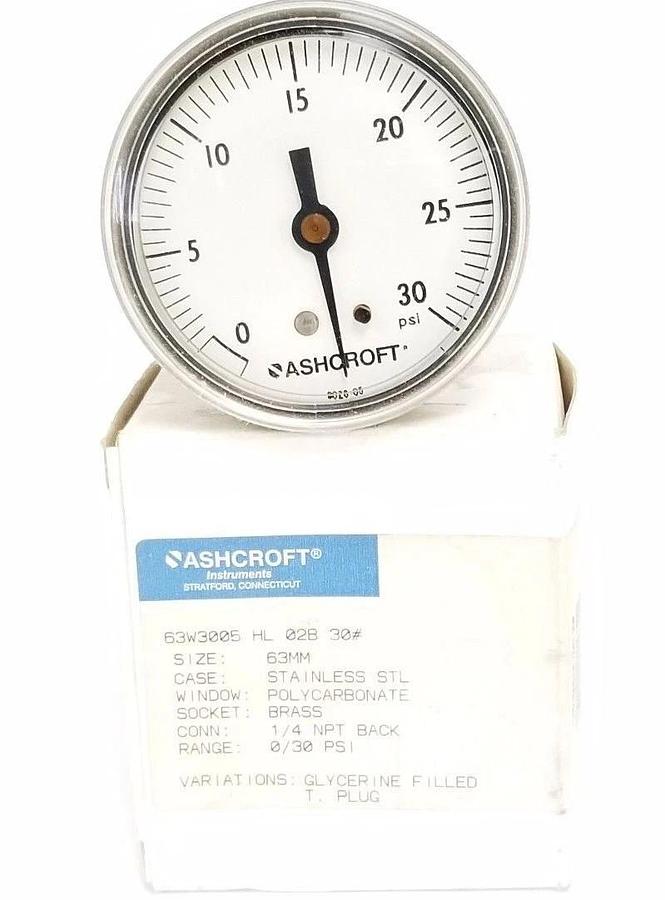 NIB ASHCROFT 63W3005 HL 02B 30 GAUGE SIZE: 63MM, 1/4 NPT BLACK, RANGE: 0/30 PSI