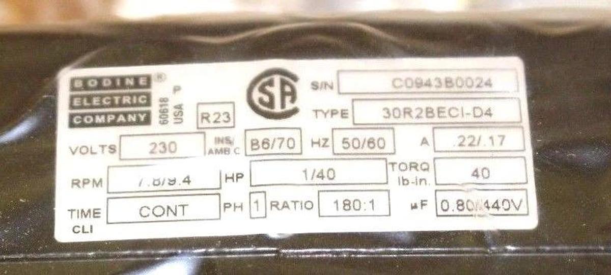 Used NIB BODINE ELECTRIC 30R2BECI-D4 AC GEARMOTOR 230V 1/40HP 180:1 30R2BECID4