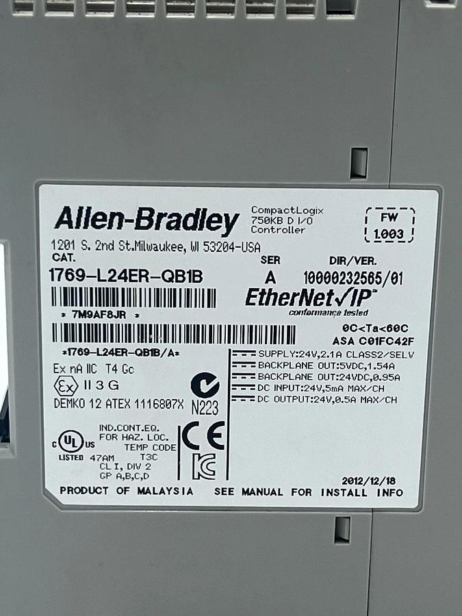 Used Allen-Bradley 1769-L24ER-QB1B CompactLogix 5370 L2 Controller Ser A 750KB