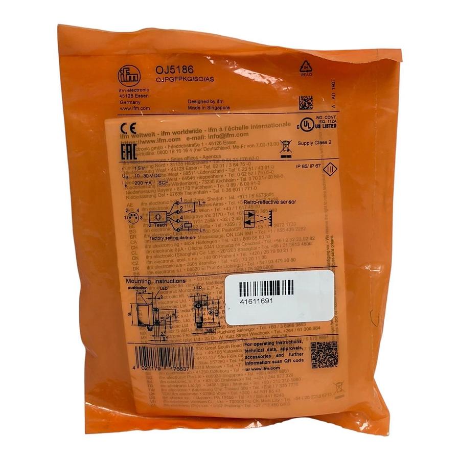 Used IFM Electronic OJ5186 OJPGFPKG/SO/AS Photoelectric Retro-Reflective Sensor New
