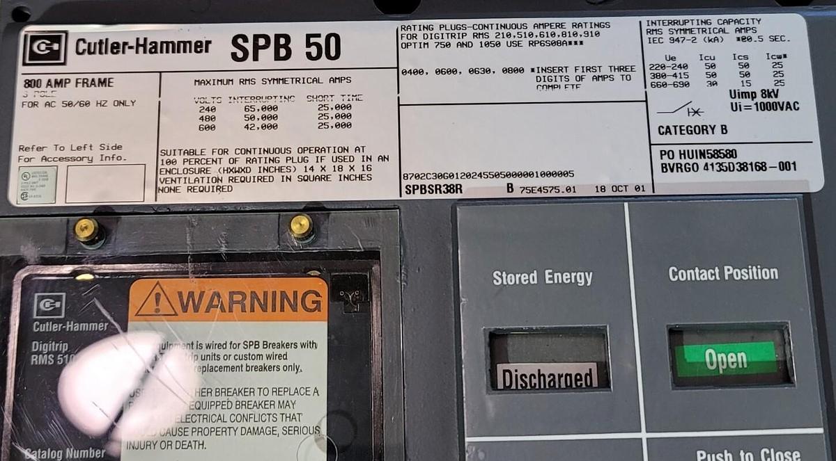 Used NEW CUTLER HAMMER SPB 50 CIRCUIT BREAKER SPBSR38R 800A DIGITRIP RMS 510 S55LSG
